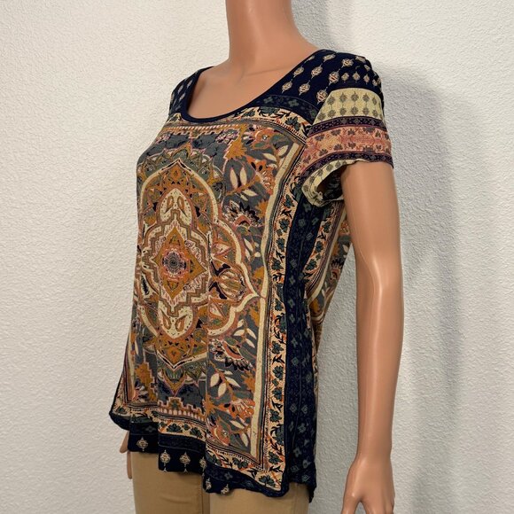 Lucky Brand Blue Persian Carpet Print Scoop Neck Tee Women’s Medium - Picture 5 of 11
